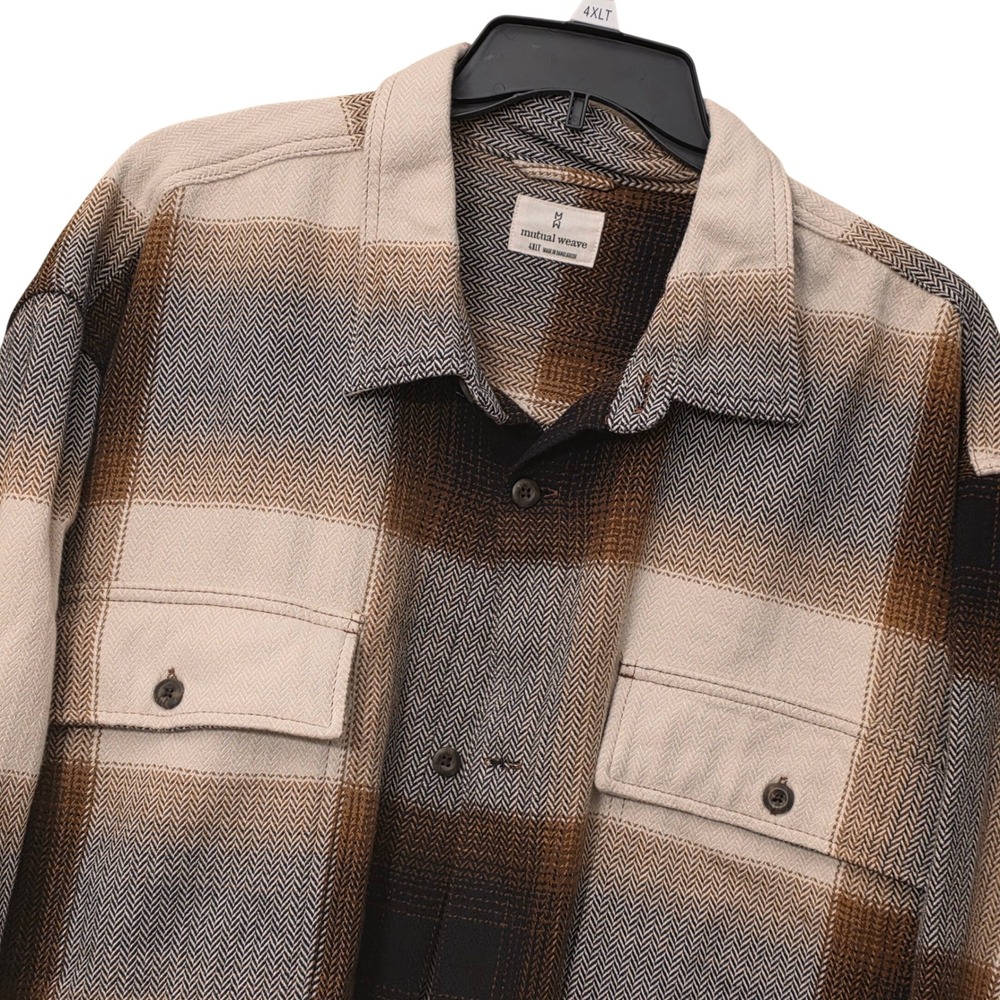 Mutual Weave Mens 4XLT Plaid Herringbone Shirt Jacket Brown Tan Cotton Shacket